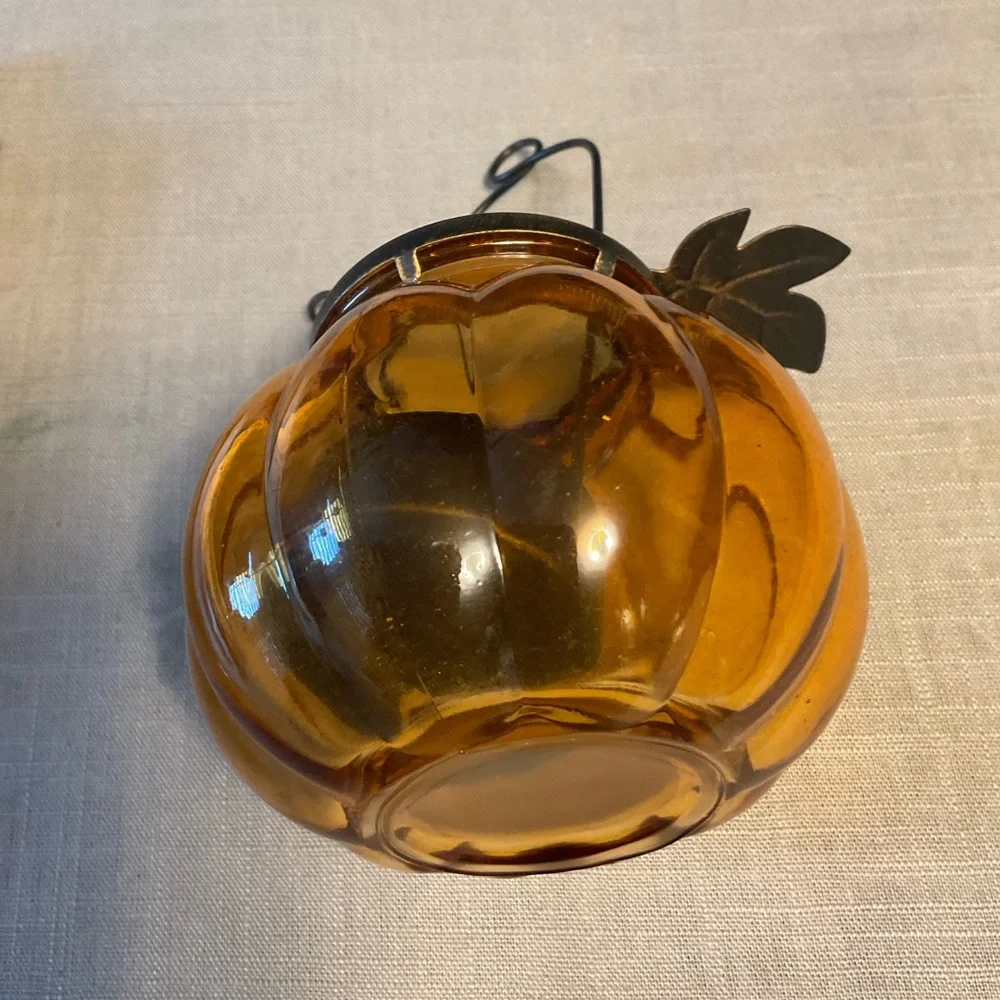 Amber Glass Pumpkin Lantern with Metal Accents